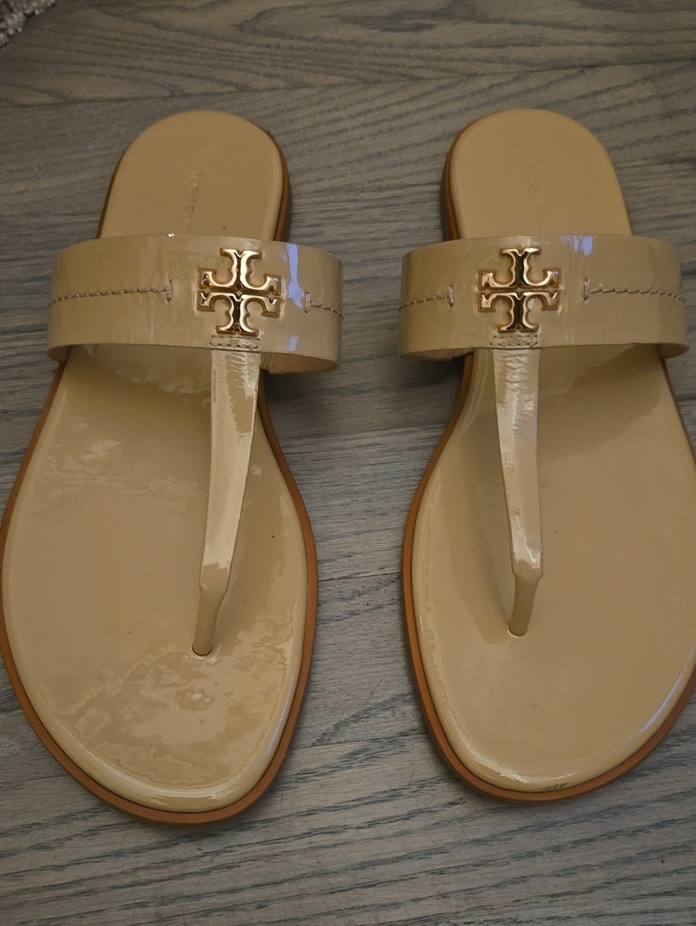 Tory Burch Nude Patent Leather Logo Thong Sandals